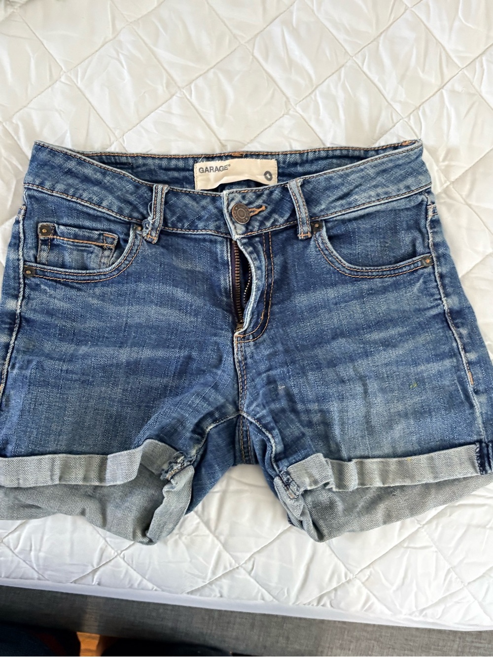 Garage Rolled Hem Distressed Blue Denim Shorts